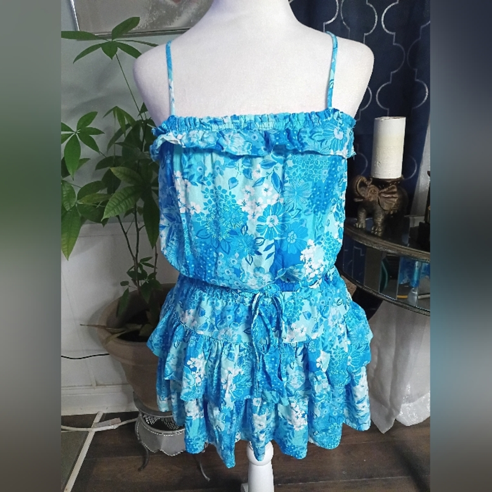 Blue Floral Ruffle Dress Rompers - Picture 3 of 14